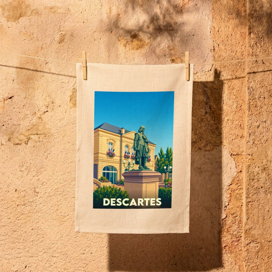 Torchon souvenir de la ville de Descartes avec une illustration stylisée de sa statue et de son hôtel de ville.