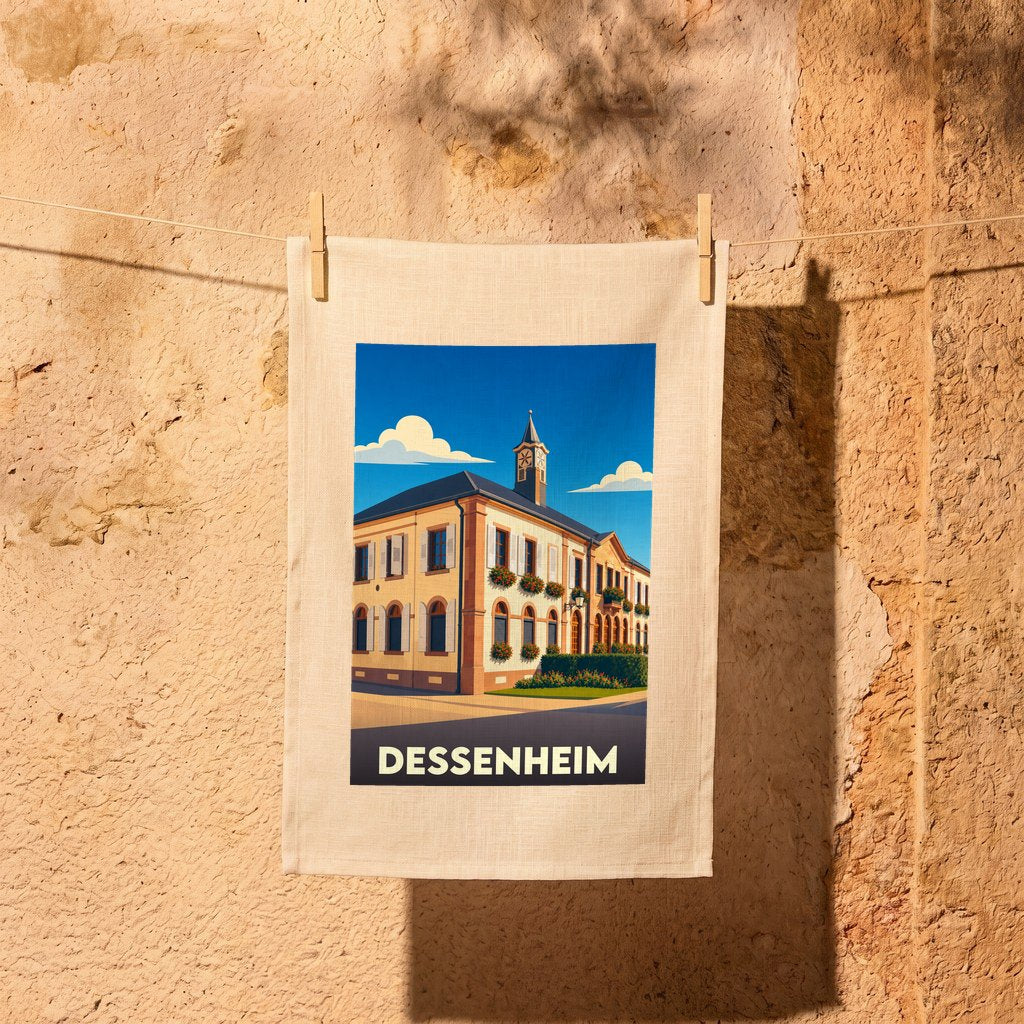 Torchon souvenir de la ville de Dessenheim avec une illustration stylisée.