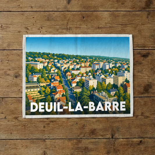 Torchon souvenir de la ville de Deuil-la-Barre avec une illustration stylisée du paysage urbain.