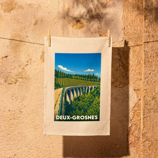 Torchon souvenir de la ville de Deux-Grosnes illustré d'un viaduc dans un paysage verdoyant.
