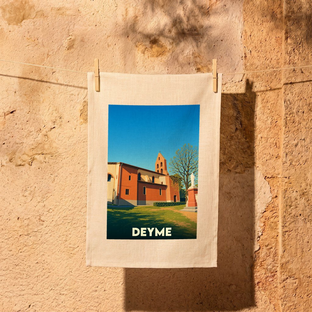 Torchon souvenir de la ville de Deyme orné d'une illustration stylisée de son église.