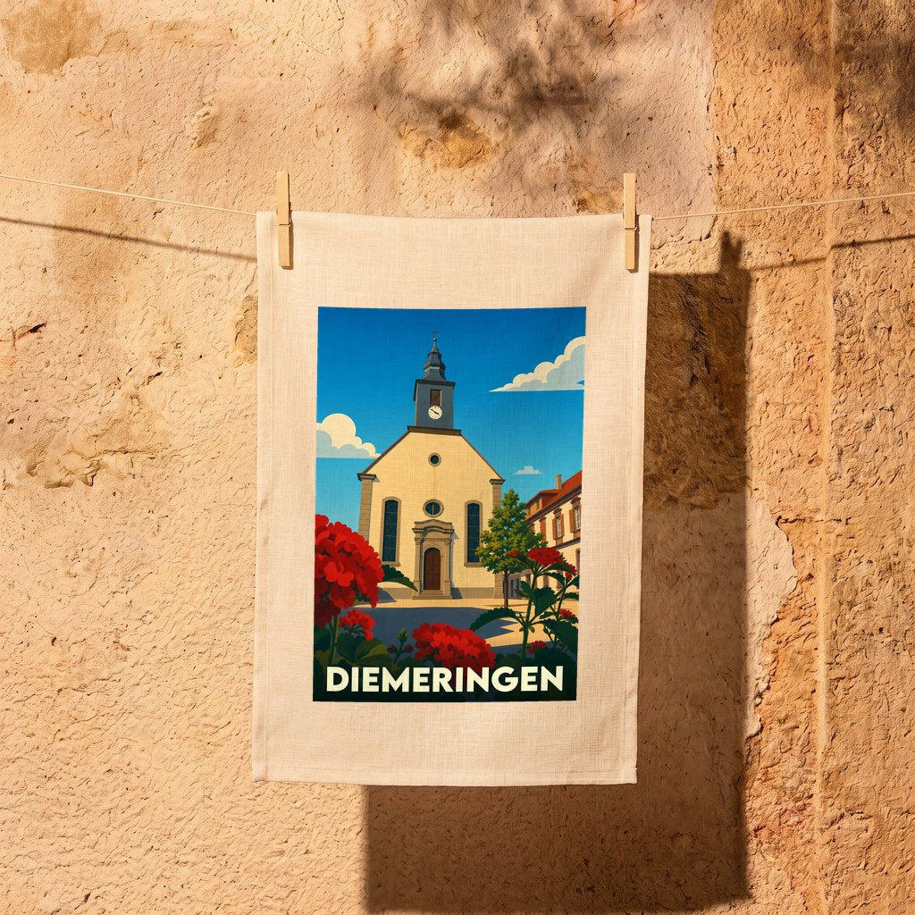 Torchon souvenir de la ville de Diemeringen avec une illustration stylisée de son église et de fleurs rouges.