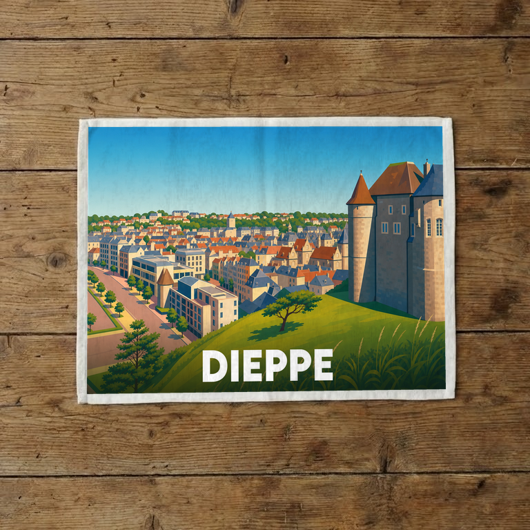Torchon souvenir de la ville de Dieppe avec une illustration stylisée d'un château surplombant la ville.