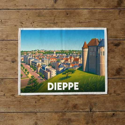 Torchon souvenir de la ville de Dieppe avec une illustration stylisée d'un château surplombant la ville.