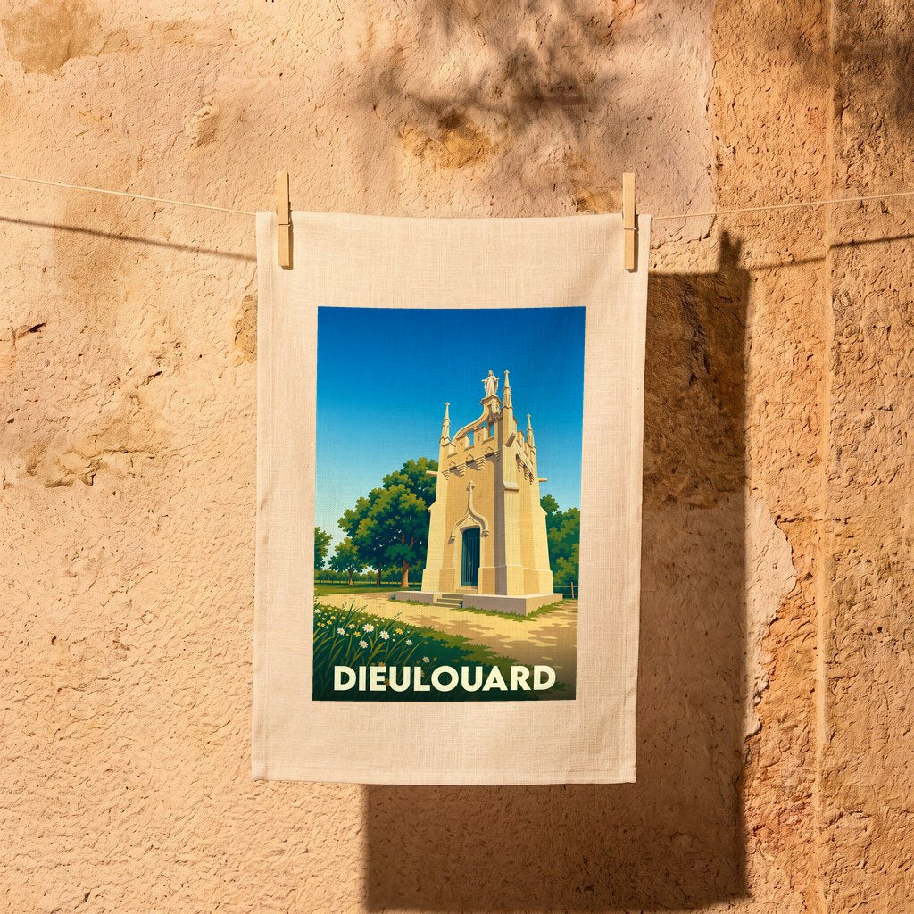 Torchon souvenir de la ville de Dieulouard avec une illustration stylisée.