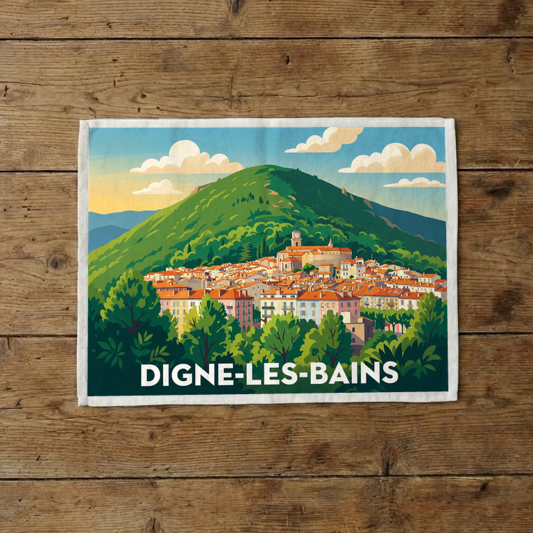 Torchon souvenir de la ville de Digne-les-Bains avec une illustration stylisée du paysage local.