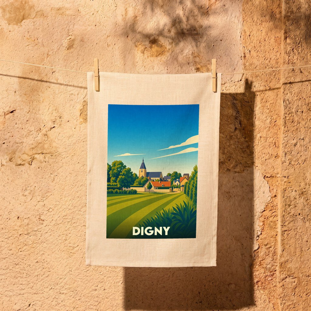 Torchon souvenir de la ville de Digny avec une illustration stylisée.