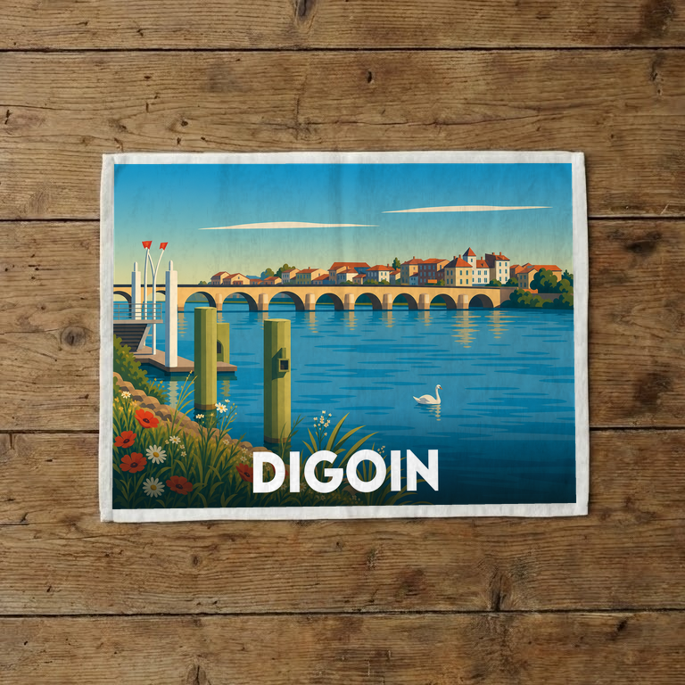 Torchon souvenir de la ville de Digoin illustrant son célèbre pont-canal sur la Loire avec un cygne et des fleurs.