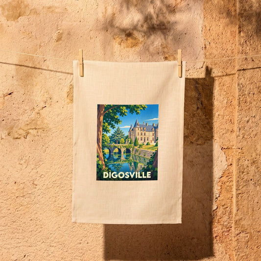 Torchon souvenir de la ville de Digosville avec une illustration stylisée d'un château et de son étang.
