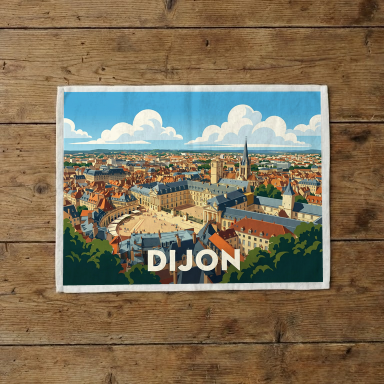 Torchon souvenir de la ville de Dijon avec une illustration stylisée de son paysage urbain.