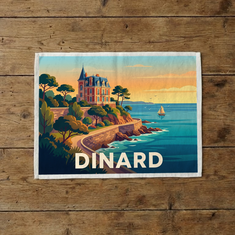 Torchon souvenir de la ville de Dinard avec une illustration stylisée d'une villa en bord de mer.
