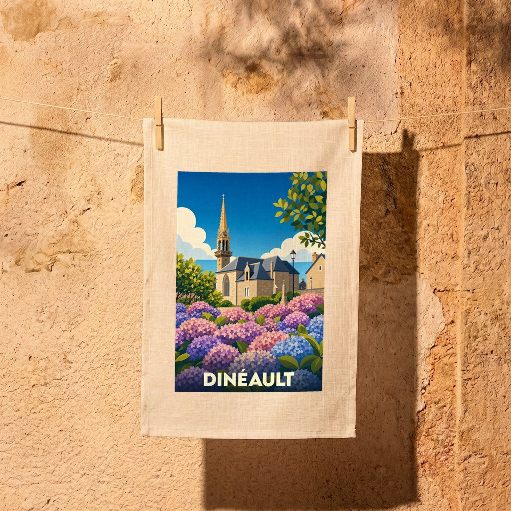 Torchon souvenir de la ville de Dinéault avec une illustration stylisée d'une église et d'hortensias.