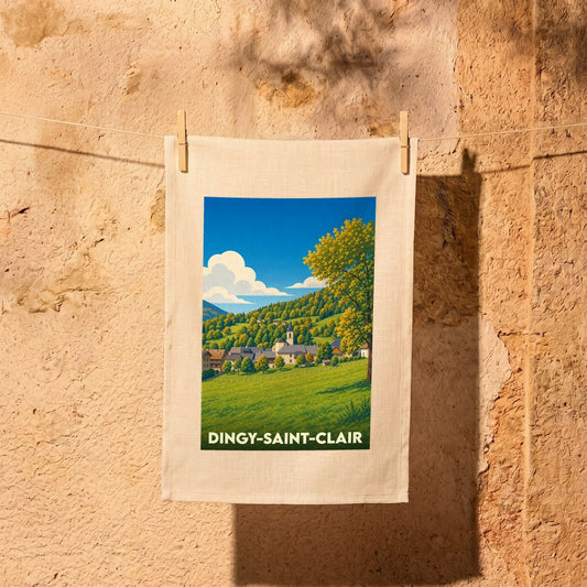 Torchon souvenir de la ville de Dingy-Saint-Clair avec une illustration stylisée de son paysage montagneux.