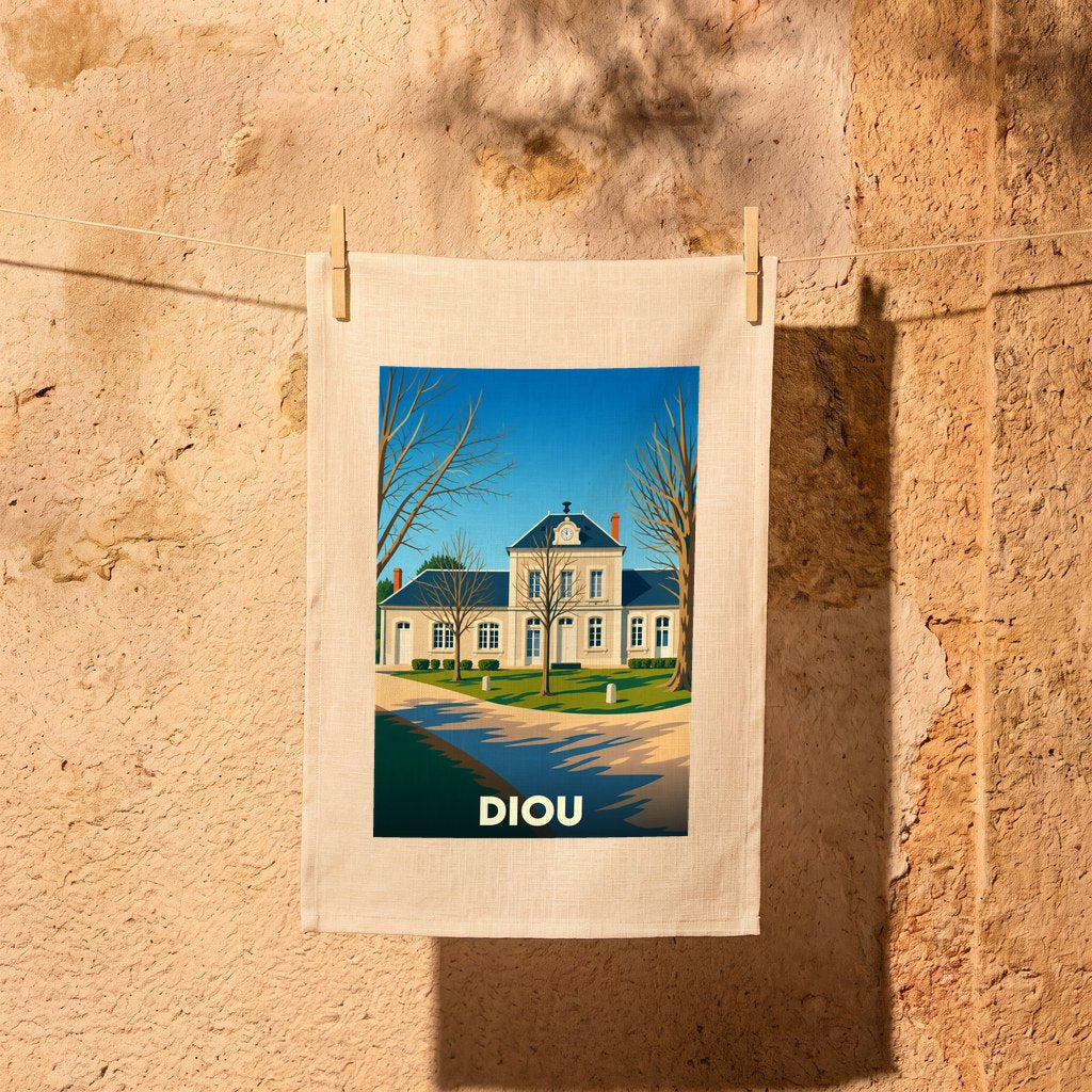 Torchon souvenir de la ville de Diou avec une illustration stylisée d'un bâtiment historique.