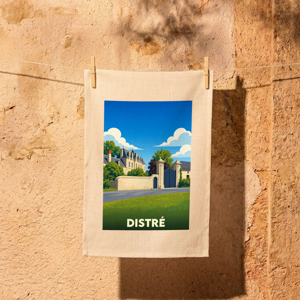Torchon souvenir de la ville de Distré orné d'une illustration stylisée de son patrimoine architectural.