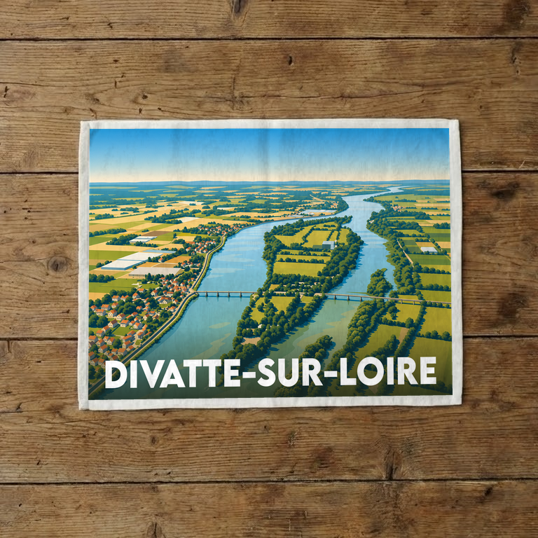 Torchon souvenir de la ville de Divatte-sur-Loire avec une illustration stylisée vue du ciel.