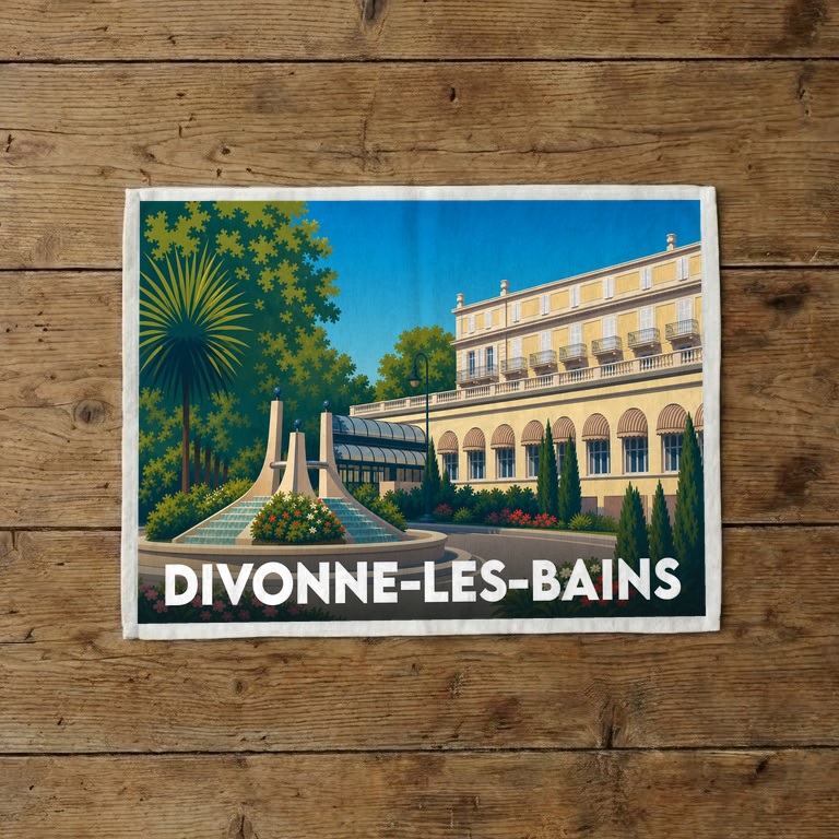 Torchon souvenir de la ville de Divonne-les-Bains avec une illustration stylisée.