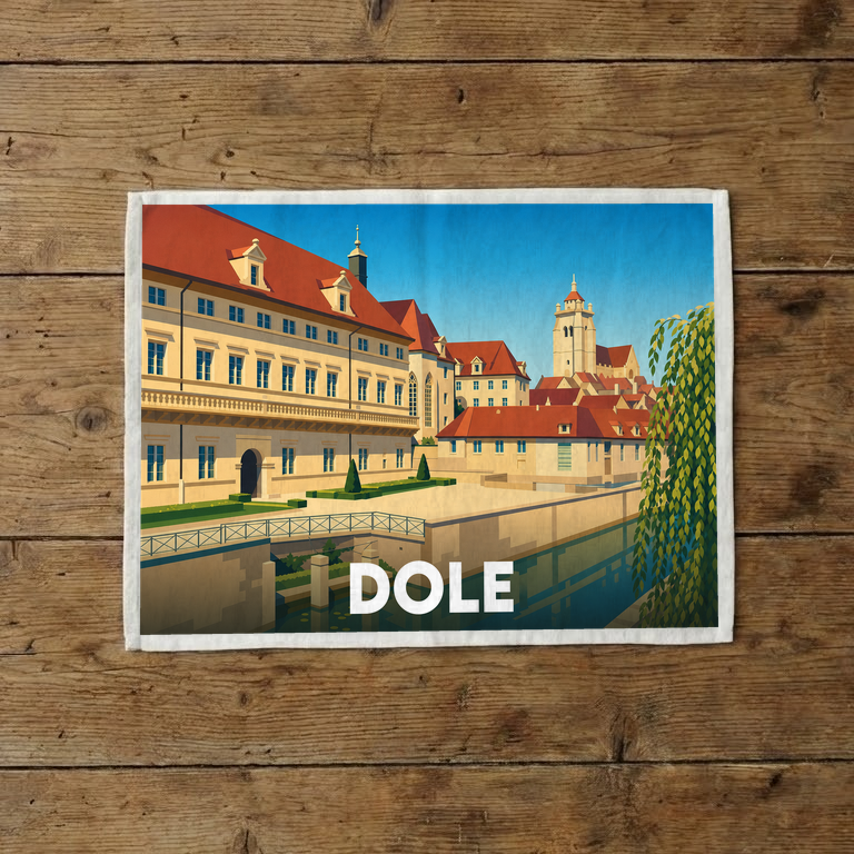 Torchon souvenir de la ville de Dole avec une illustration stylisée de ses monuments historiques au bord du canal.