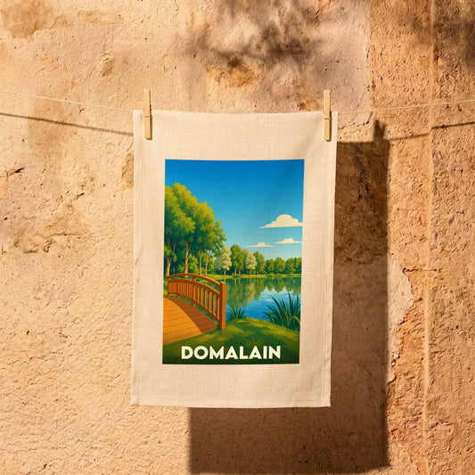 Torchon souvenir de la ville de Domalain illustré d'un paysage de parc avec un pont et un étang.
