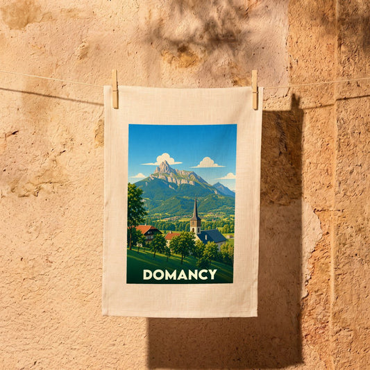 Torchon souvenir de la ville de Domancy orné d'une illustration de paysage alpin.