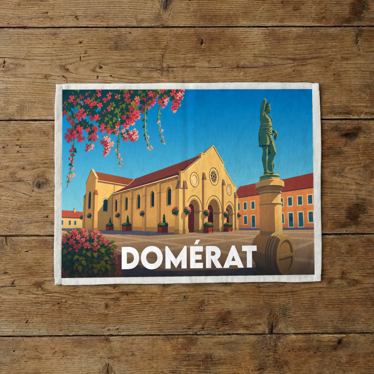Torchon souvenir de la ville de Domérat avec une illustration stylisée de son église et de sa place.