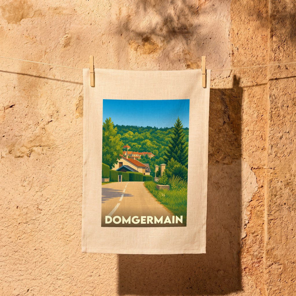 Torchon souvenir de la ville de Domgermain avec une illustration stylisée d'un paysage de campagne.