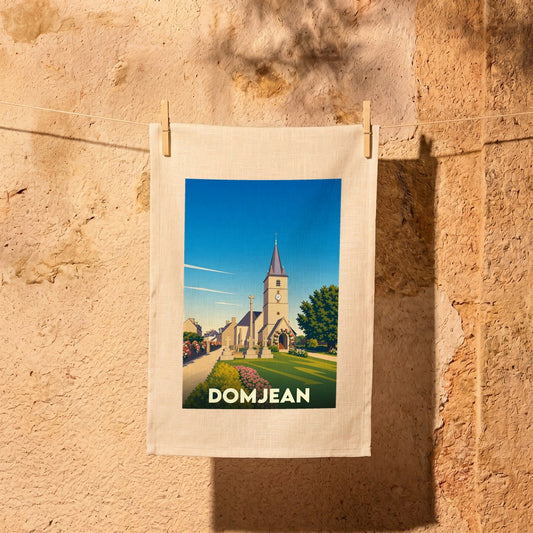 Torchon souvenir de la ville de Domjean illustré par un dessin stylisé de son église et de son cimetière.