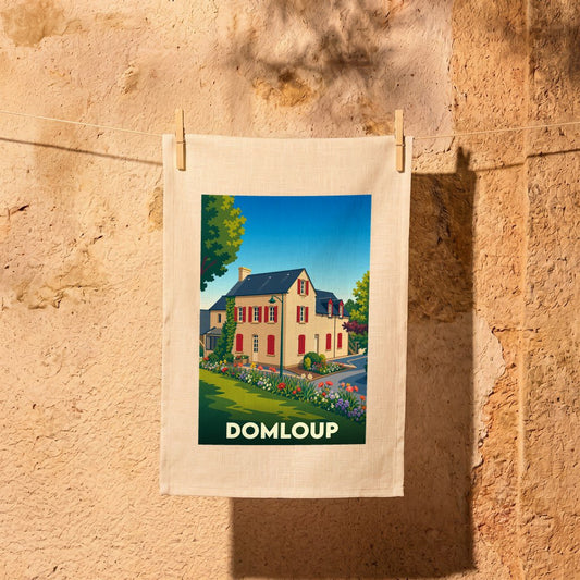 Torchon souvenir de la ville de Domloup avec une illustration stylisée d'une maison traditionnelle fleurie.