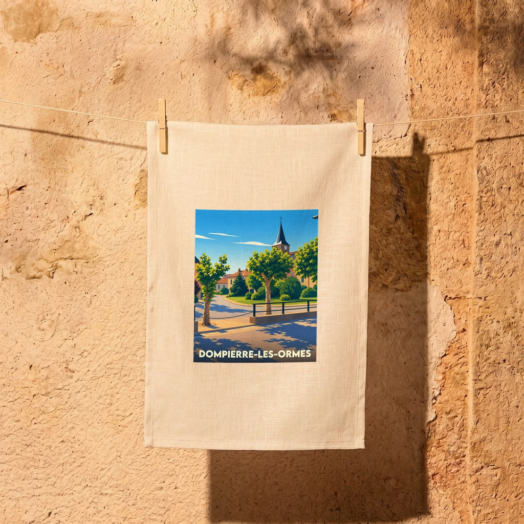 Torchon souvenir de la ville de Dompierre-les-Ormes avec une illustration stylisée.