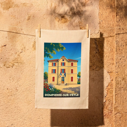 Torchon souvenir de la ville de Dompierre-sur-Veyle avec une illustration stylisée de sa mairie.