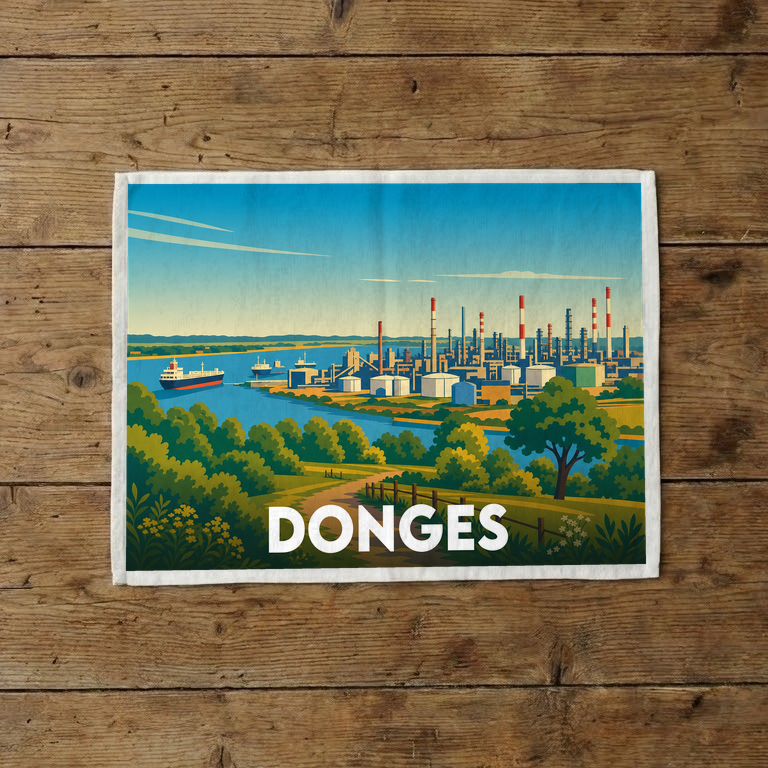Torchon souvenir de la ville de Donges illustré par une vue stylisée de son paysage industriel et fluvial.
