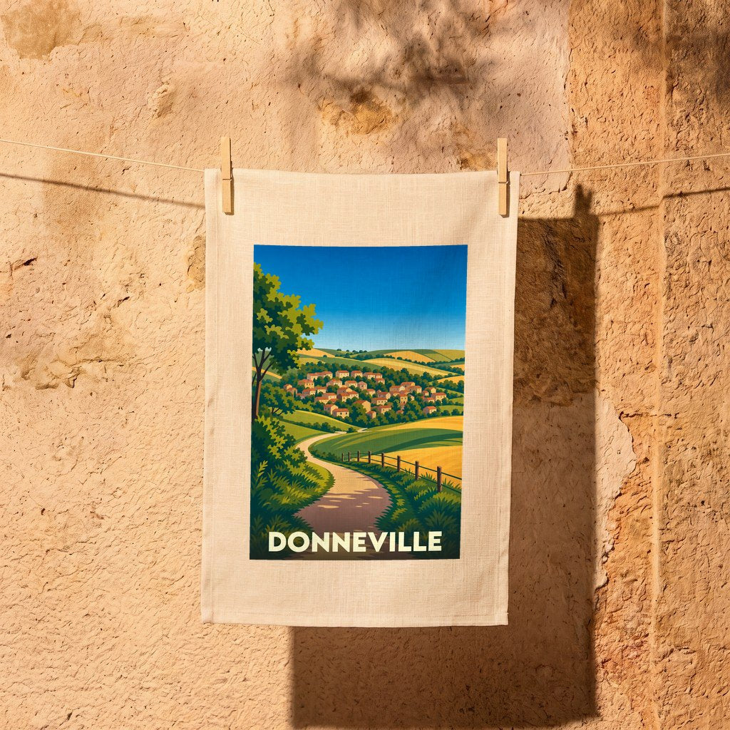 Torchon souvenir de la ville de Donneville illustrant un paysage vallonné et ensoleillé avec une esthétique rétro.