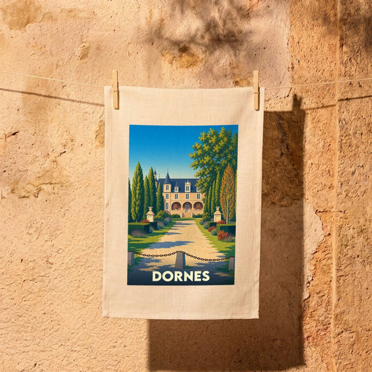 Torchon souvenir de la ville de Dornes avec une illustration stylisée d'un château et ses jardins.