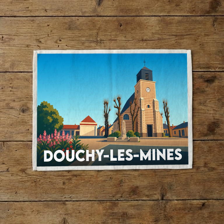 Torchon souvenir de la ville de Douchy-les-Mines avec une illustration stylisée de son église et d'un monument.