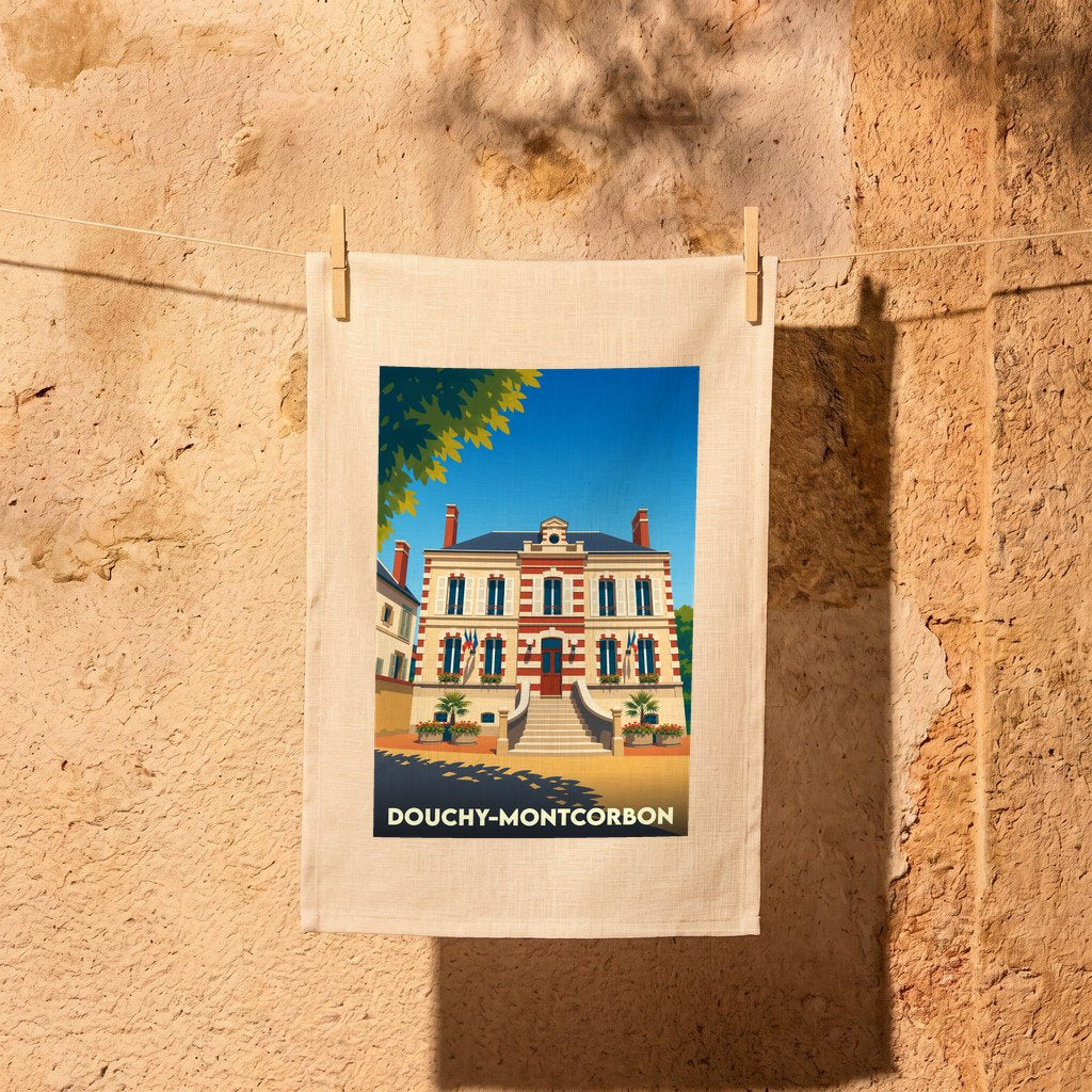 Torchon souvenir de la ville de Douchy-Montcorbon avec une illustration stylisée.