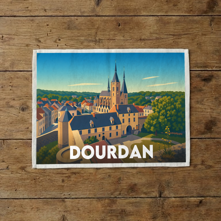 Torchon souvenir de la ville de Dourdan avec une illustration stylisée de son patrimoine historique.