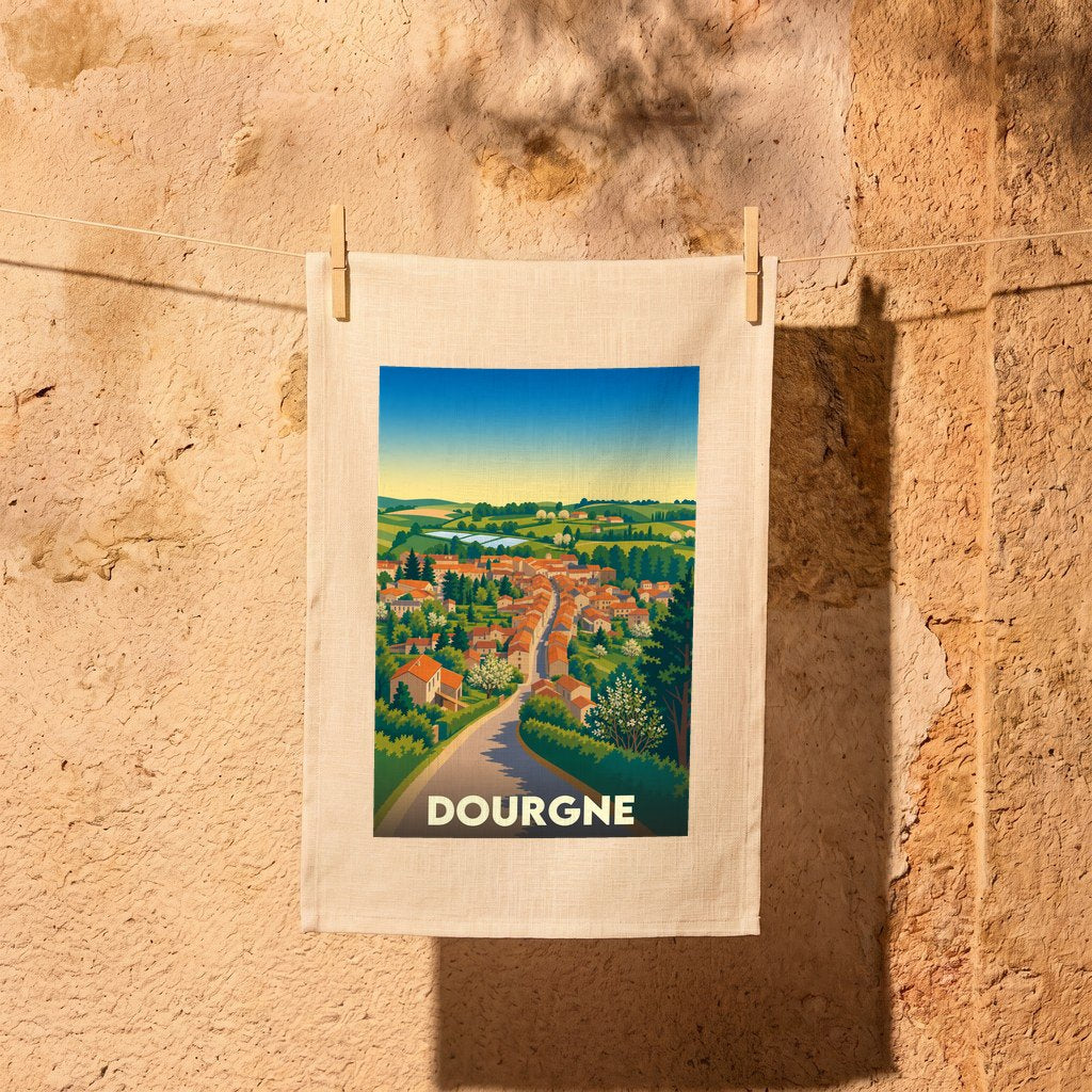Torchon souvenir de la ville de Dourgne avec une illustration stylisée.