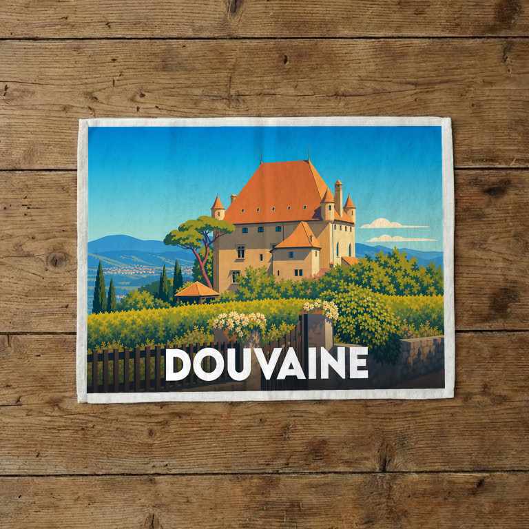 Torchon souvenir de la ville de Douvaine illustré d'un château majestueux sur fond de montagnes.