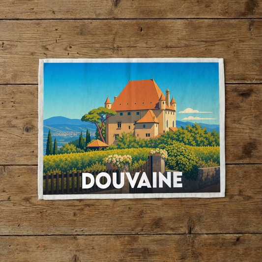 Torchon souvenir de la ville de Douvaine illustré d'un château majestueux sur fond de montagnes.