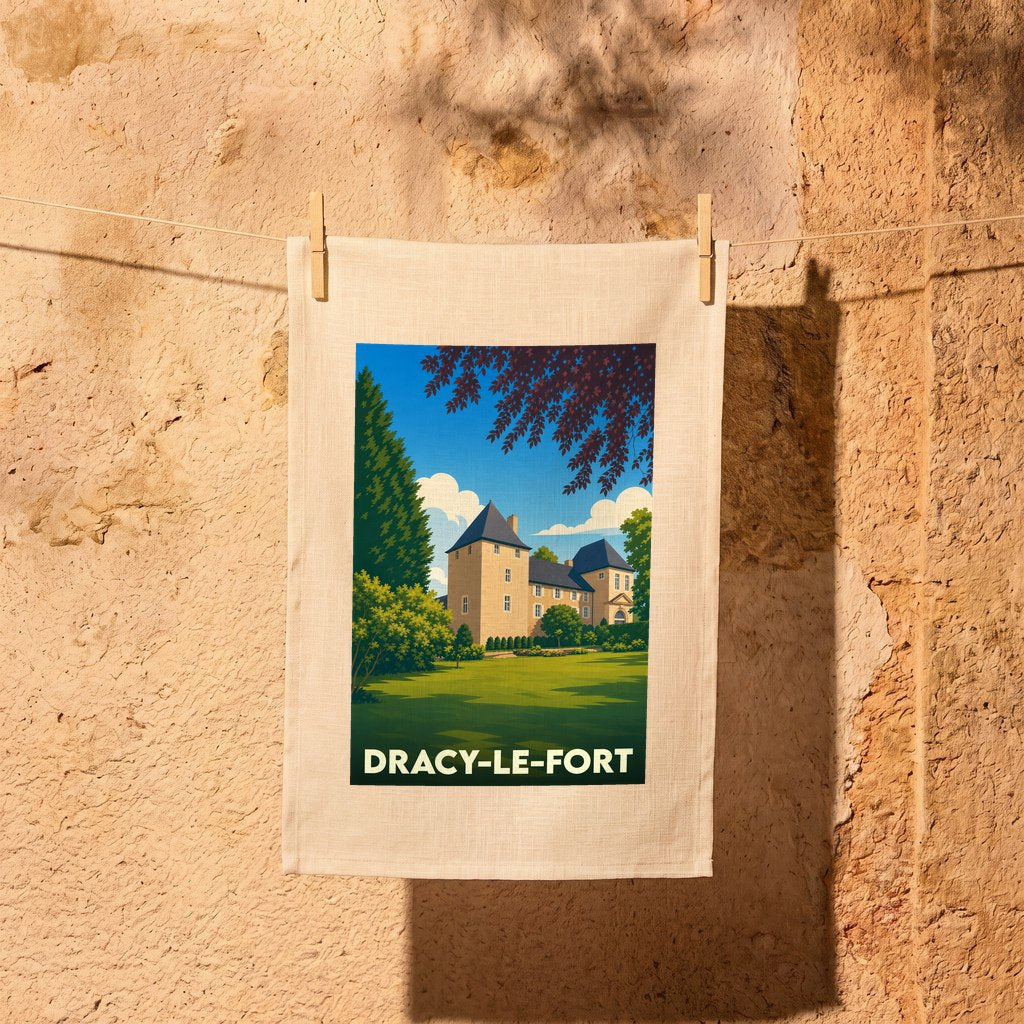 Torchon souvenir de la ville de Dracy-le-Fort avec une illustration stylisée de son château.