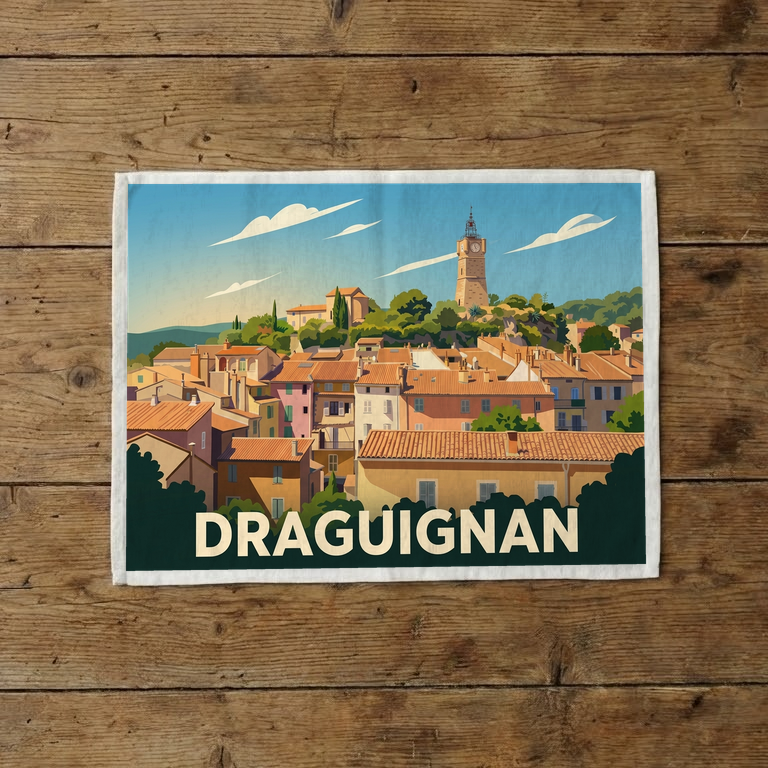 Torchon souvenir de la ville de Draguignan avec une illustration stylisée.
