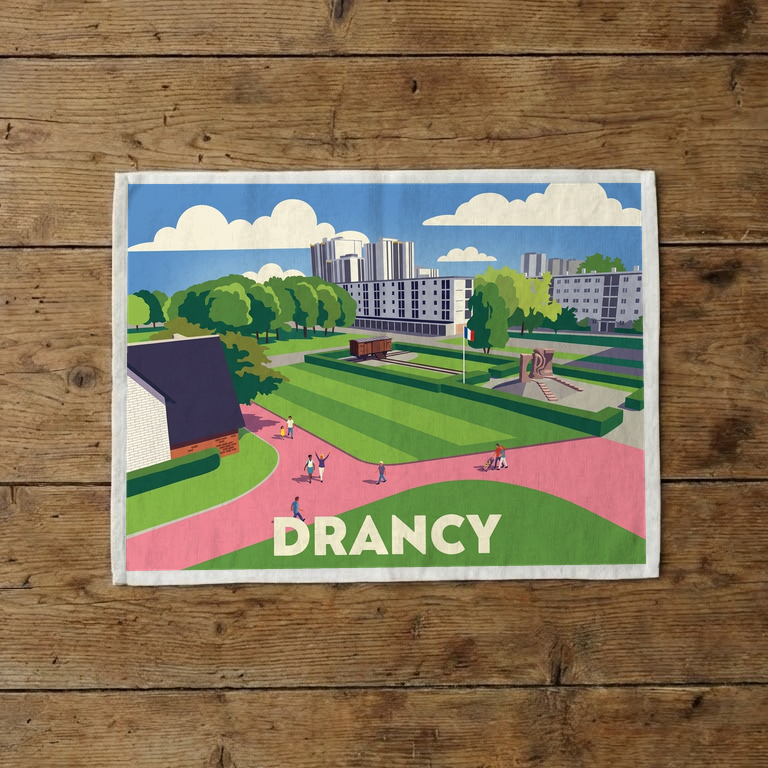 Torchon souvenir de la ville de Drancy avec une illustration stylisée de son paysage urbain.