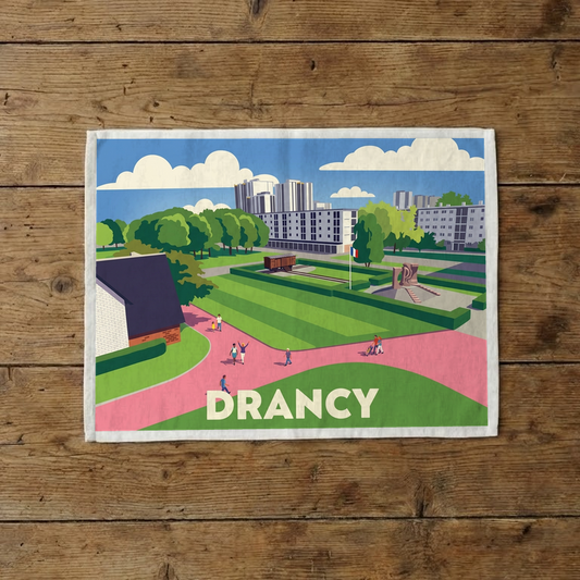 Torchon souvenir de la ville de Drancy avec une illustration stylisée de son paysage urbain.