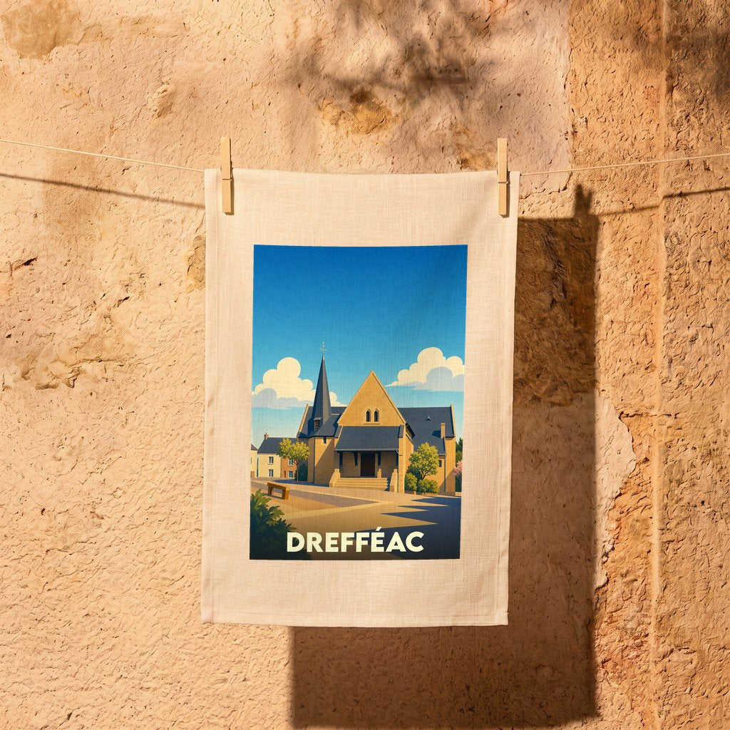 Torchon souvenir de la ville de Drefféac avec une illustration stylisée de son église.