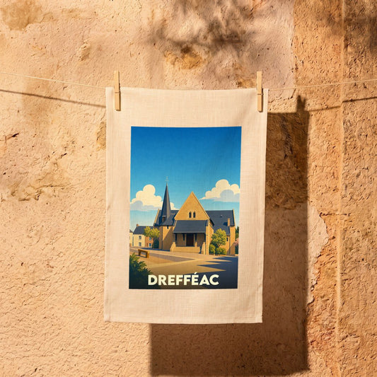 Torchon souvenir de la ville de Drefféac avec une illustration stylisée de son église.
