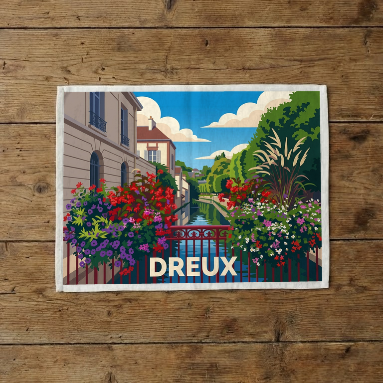 Torchon souvenir de la ville de Dreux avec une illustration stylisée d'un canal fleuri.