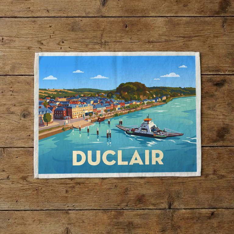 Torchon souvenir de la ville de Duclair illustré par un paysage stylisé du bord de Seine avec son bac.