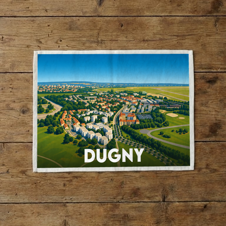 Torchon souvenir de la ville de Dugny avec une illustration aérienne stylisée.