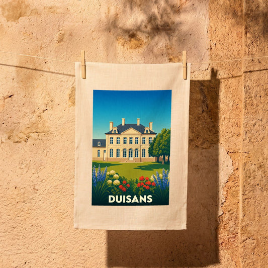 Torchon souvenir de la ville de Duisans avec une illustration stylisée d'un château.