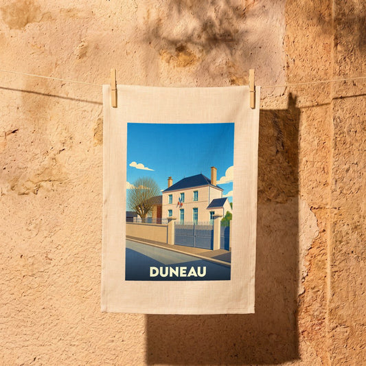 Torchon souvenir de la ville de Duneau avec une illustration stylisée de sa mairie.